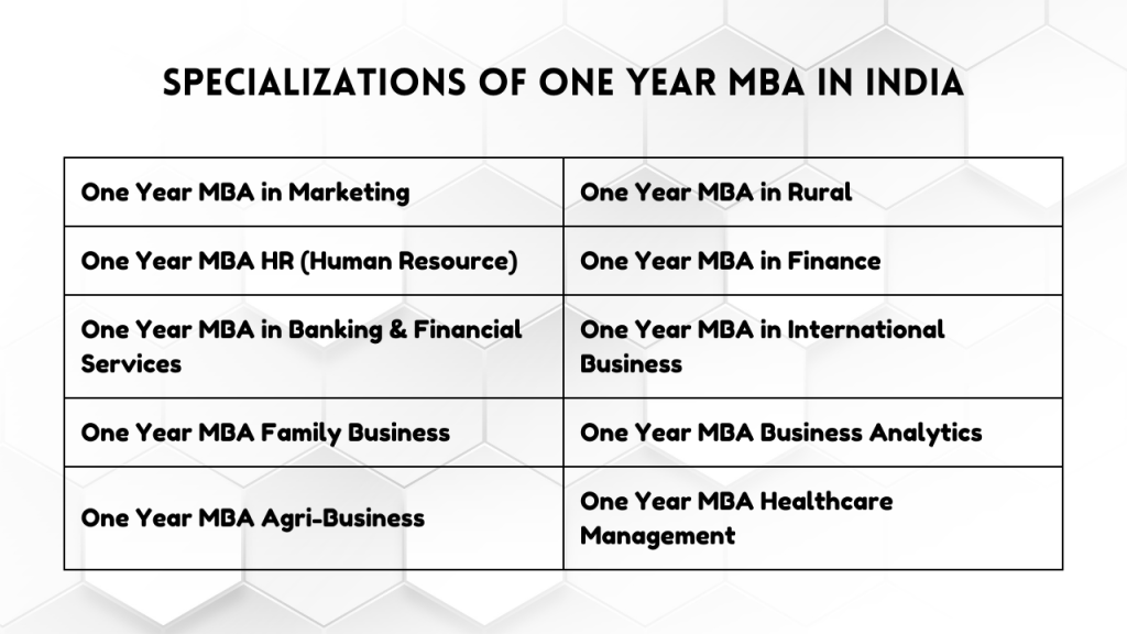 Specializations of One Year MBA in India